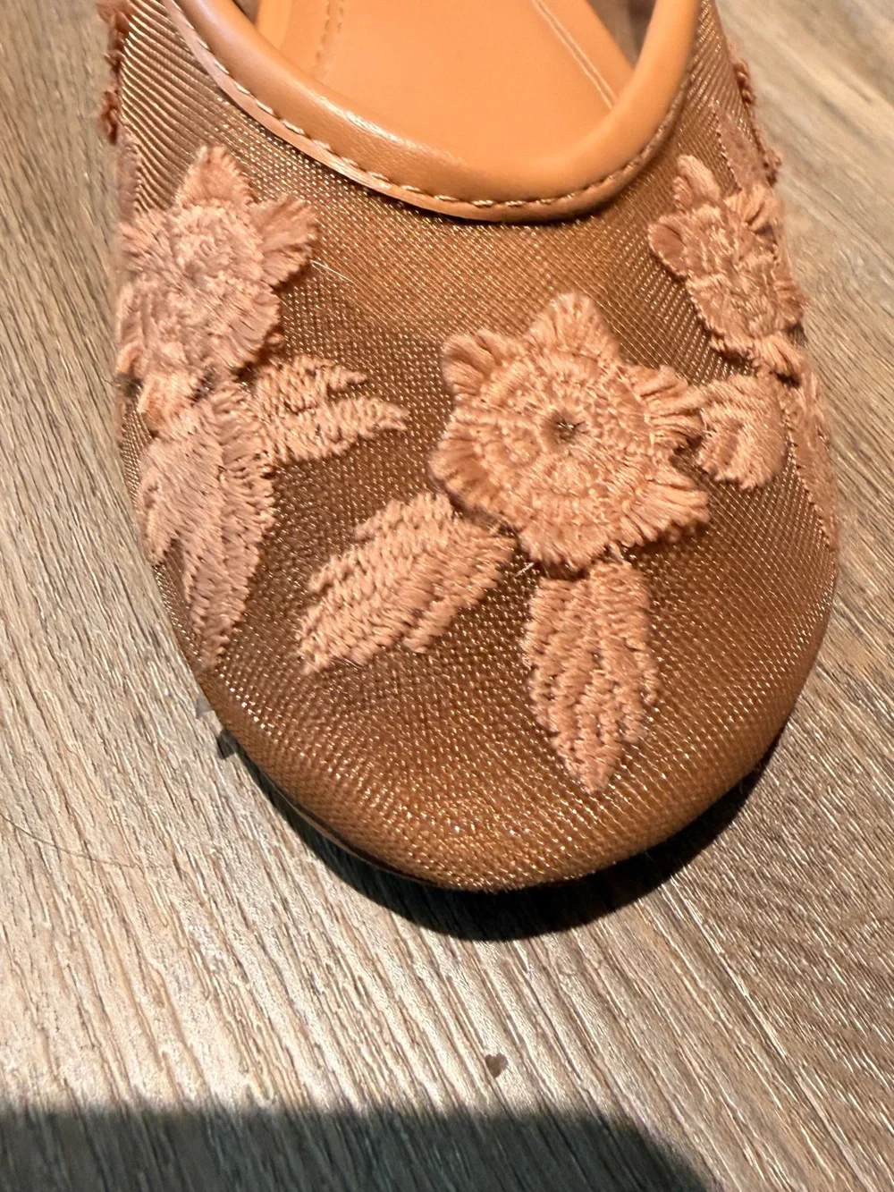 Pink/Brown Mesh Floral embroidered Ballet Flats with Ankle Tie